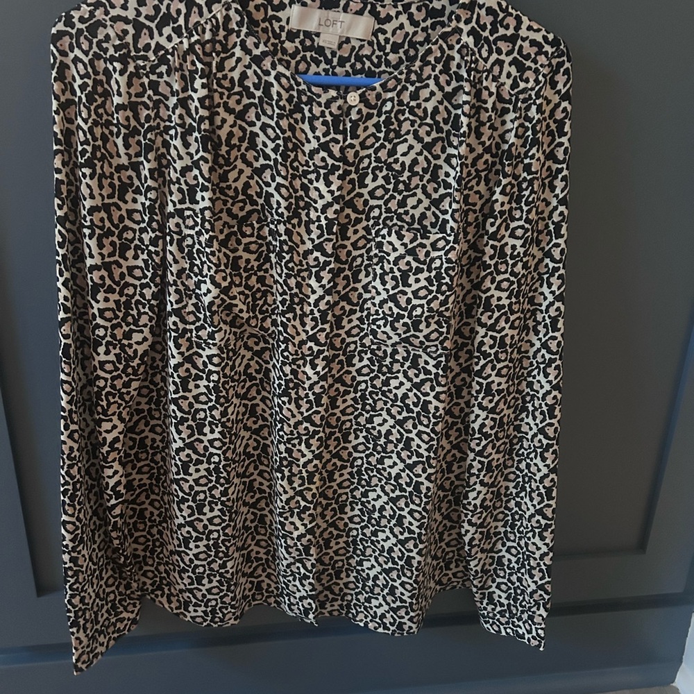 LOFT Leopard-Print Button Front Blouse - Black & Cream